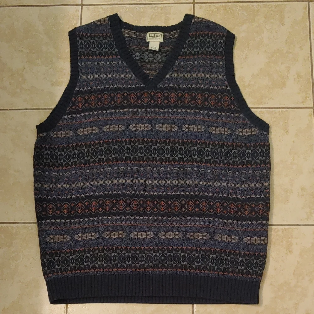 VTG L.L. Bean Fair Isle Sweater Vest Navy Blue Men's Size XL